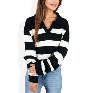 Anna-Kaci Women's Striped Long Sleeve Knit Sweater with V-Neck Collar- Small, Black - 1 of 4