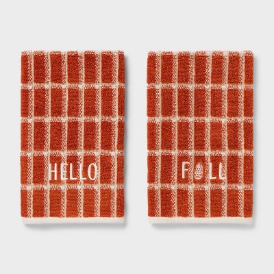 2pk 'Hello Fall' Plaid Hand Towel Set Orange - Room Essentials™
