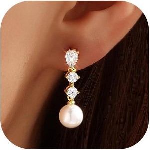 Pearl Earrings,14k Gold Plated Trendy Diamond Pearl Drop Earrings Bridal Shower Gifts Wedding jewelry for Women - 1 of 4