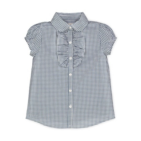 Hope & Henry Girls' Ruffle Front Shirt with Puff Sleeves (Light Navy Micro  Check, 3-6 Months)