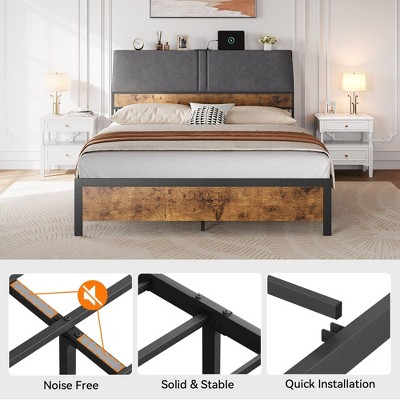 Full Bed Frame with Ergonomic Headboard and Built-in Charging Station, Full Size Bed with Metal Support Slats