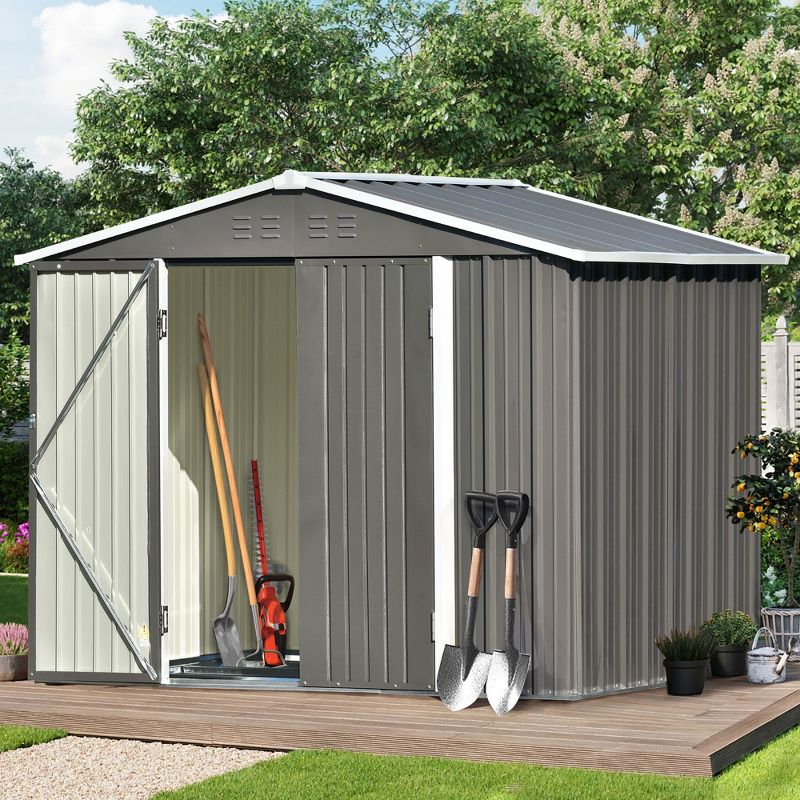 Patio 8ft x6ft Metal Storage Shed with Lockable Doors, Tool Cabinet with Vents and Foundation Frame-ModernLuxe, 2 of 14