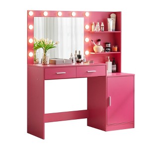 TiramisuBest 46.4'' Vanity Desk with Mirror & Lights,2 Large Drawers & Vertical Organizer, 3-Level Dresser with 3 Lighting Modes, Rose Pink - 1 of 4