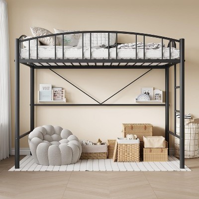 Image of Twin Size Loft Bed, Sturdy Metal Frame with Arched Guardrails, Safety Ladder, and Underbed Space-Saving Design, No Box Spring Required.