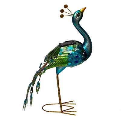 Solar-Powered Blue and Green Metal Peacock Garden Sculpture with LED Light, 20"