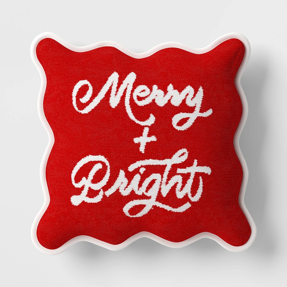 Photos - Pillow Woven Merry And Bright Square Throw  with Scalloped Trim Red/Ivory 