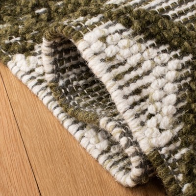 Ivory and Dark Green Hand-Knotted Wool Rectangular Area Rug, 5' x 8'