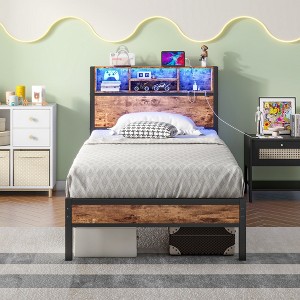 GDFStudio Kian Modern Twin Size Metal Platform Bed Frame with Storage Headboard, Charging Station and LED Lights - 1 of 4