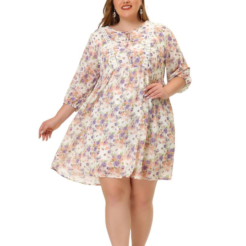 Agnes Orinda Women's Plus Size 3/4 Sleeves Babydoll Crew Neck Lace Floral Flare Retro Dress, 1 of 6