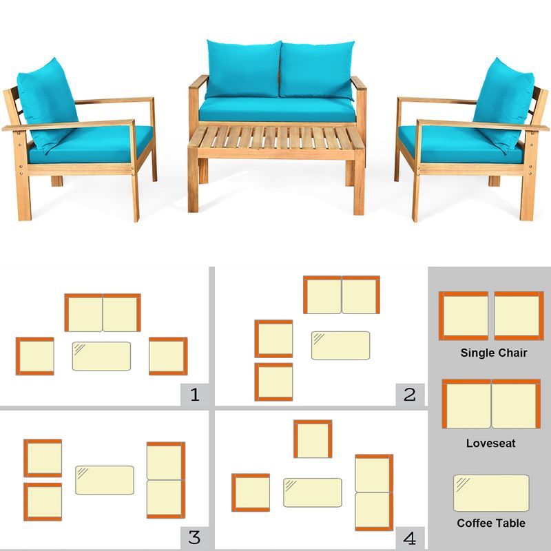 Costway 8PCS Patio Furniture Set Acacia Wood Thick Cushion Loveseat Sofa Off White\Turquoise\Grey, 5 of 10