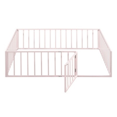 Pink Full-Size Metal Bed Frame with Fence and Door Feature