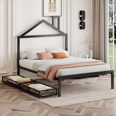 Full-Size Platform Bed - Metal Frame, Dual Drawers, Architectural House Headboard