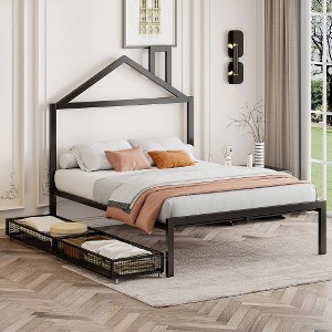 Full-Size Bed with House Headboard: Metal Frame, Built-In Drawers - 1 of 4