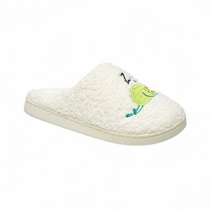 Aéropostale Women’s Fuzzy “Snoozing Pea” Mule Slippers – Ivory Slip-On House Shoes with Green Sleeping Pea & “Zzz” Embroidery in Medium - 1 of 4