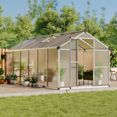 8x12 Ft Greenhouse, Polycarbonate Greenhouse with Adjustable Roof Vent for Outdoors, Aluminum Large Walk-in Greenhouse for Outside Garden, Backyard