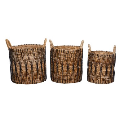 Handmade Brown and Black Banana Leaf Storage Baskets with Handles, Set of 3