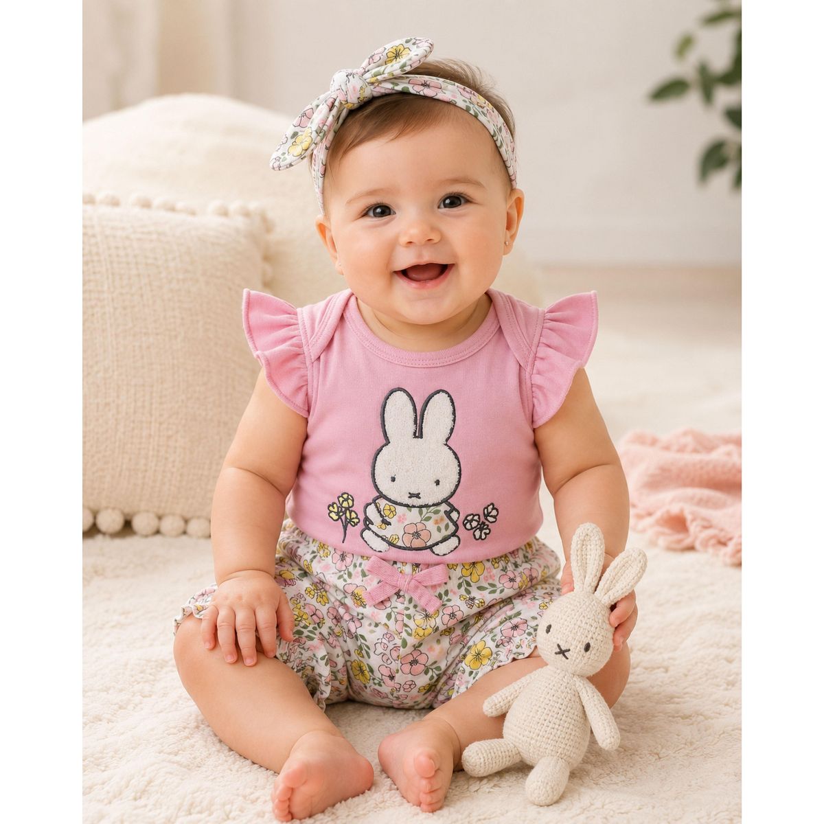 Miffy Baby Girls' 3-Piece Outfit Bodysuit, Bloomer Shorts & Headband Sets - thumbnail 5