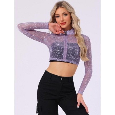 INSPIRE CHIC Women's Sheer Stand Collar Zip Up Shiny Cropped Jacket Large Silver — фото 2