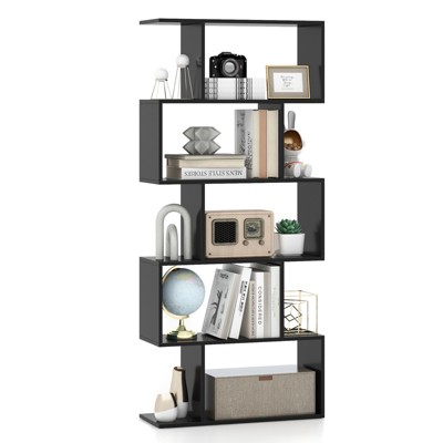 Tangkula 5-Tier Geometric Bookshelf Wooden Decorative Display Shelf w/Large Capacity Freestanding S-shaped Bookcase Black/White/Rustic Brown