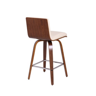 26" Cream Faux Leather and Walnut Wood Swivel Bar Stool