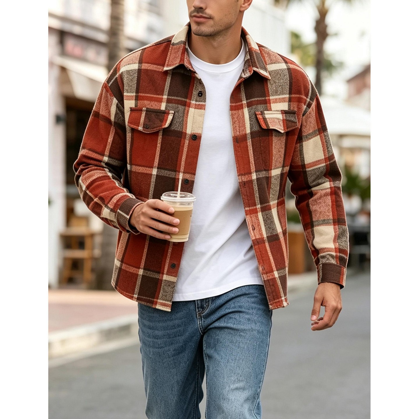 Мужское пальто YesFashion Men Plaid Button Down Shirt Jacket Lapel Collar Long Sleeve Shacket Casual Flap Pockets Overshirt Coat, L, Orange, цвет: Оранжевый — фото 3