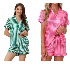 INSPIRE CHIC Women's 4 Pcs Striped Silky Satin Sleepwear Button-Up Shirt & Shorts 2025 Lounge Set - 1 of 4