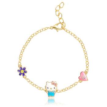 Sanrio Hello Kitty and Friends Womens Silver or 18kt Gold Plated Bracelet with Bow Charm Pendants - 6.5 + 1", Officially Licensed