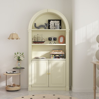 FUFU&GAGA Cream - Colored Arched Bookcase Display Cabinet with Magnetic Doors - Stylish Storage & Display Shelf