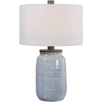 Uttermost Modern Coastal Table Lamp 28" Tall Light Blue Ceramic Off White Linen Drum Shade Bedroom Living Room Nightstand Bedside