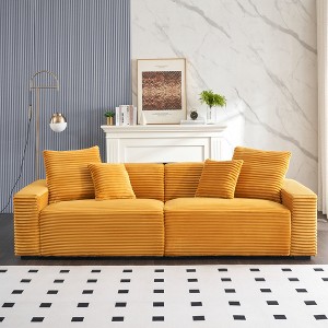 104.7'' 4-Seater Corduroy Sofa with 4 Throw Pillows, Large Living Room Couch, Soft Sponge Cushions, Orange Fabric - 1 of 4