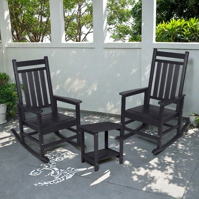 FURNIinspire Patio Seating Sets 3 Pieces Outdoor Rocking Chair With Side Table, Wood Texture Rocking Chairs With Black Side Table, Black, 35“*23”*41“