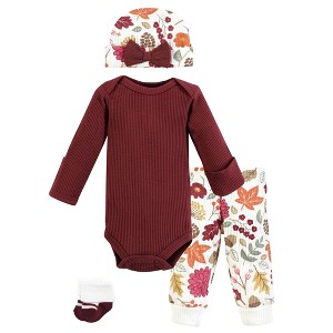 Hudson Baby Girls Thermal Preemie Layette Set 4pc Long Sleeve Outfit, Acorn Botanical, Preemie - 1 of 4
