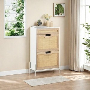 Natural Rattan Shoe Cabinet with 2 Flip Doors & 1 Drawer – Freestanding Narrow Shoe Organizer with Adjustable Shelves for Entryway, Hallway, Bedroom - 1 of 4