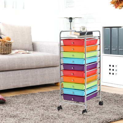 Multicolor 10-Drawer Rolling Storage Cart with Chrome Frame