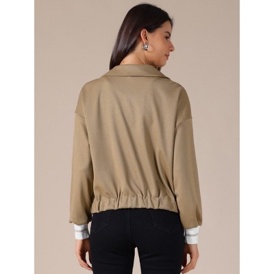 INSPIRE CHIC Women's Cropped Fall Casual Button Down Turndown Collar Long Sleeve Jacket Khaki Small — фото 4