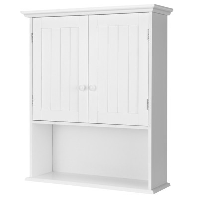 Basicwise White Wall Mounted Bathroom Storage Cabinet Organizer, Mirrored Vanity Medicine Chest with Open Shelves