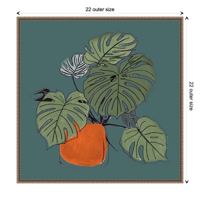 Retro Potted Plant on Teal Canvas Wall Art with Bronze Frame