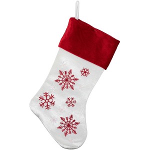 Northlight 19" Red and White Velvet Embroidered Snowflake Christmas Stocking - 1 of 4