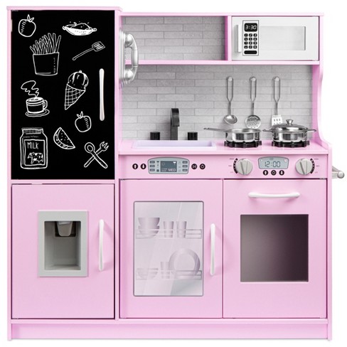 Best Choice Products Pretend Play Kitchen Wooden Toy Set for Kids w/  Telephone, Utensils, Oven, Microwave - Pink