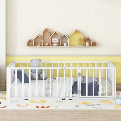 Twin Size Metal Floor Bed Frame with Fence and Door,  Bed Frame For Bedroom, Living Room,Guest Room Kids, Boys & Girls, No Box Spring Needed