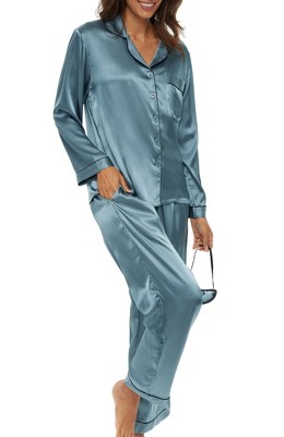 ADR Women's Satin Pajamas Set, Button Down Long Sleeve Top and Pants with Pockets, Silk like PJs with Matching Sleep Mask