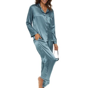 ADR Women's Satin Pajamas Set, Button Down Long Sleeve Top and Pants with Pockets, Silk like PJs with Matching Sleep Mask - 1 of 4