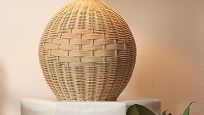 Indigo Blue Handwoven Rattan Table Lamp with Linen Shade