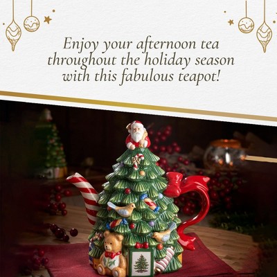 Festive Green and Red Ceramic Christmas Tree Teapot, 27 oz