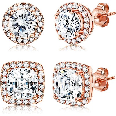 Hayoso 18K Gold Plated Halo Stud Earrings 925 Sterling Silver Cubic Zirconia Stud Earrings Round Square Diamonique Stud