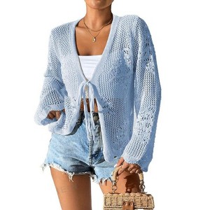 Coolmee Women's Tie Front Lightweight Crochet Cardigan Shrugs Knit Cardigan Crop Tops Cover Up - 1 of 4