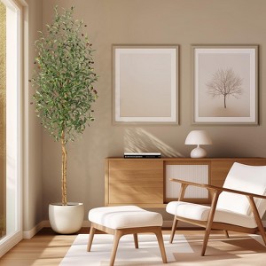 5ft Artificial Olive Tree with White Cement Planter and Green Moss – Realistic Faux Silk Plant with Natural Wood Trunk,1 PCS - 1 of 4
