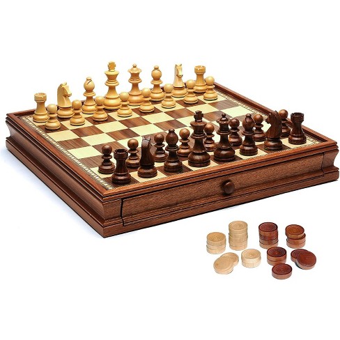 French Staunton Wood Chess & Checkers Set, 15 Inch Board With Storage ...