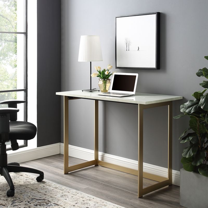 42&#34; Contemporary Modern Faux Marble Writing Desk White Marble/Gold - Saracina Home, 3 of 10