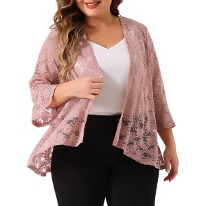Agnes Orinda Women's Plus Size Casual Open Front 3/4 Sleeve Sheer Lace Cardigan - 1 of 4